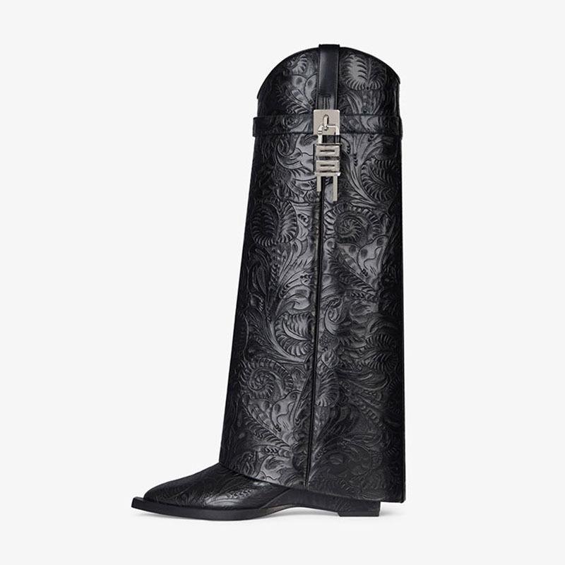 Shark Lock | Womens Shark Lock Cowboy Boots In Leather With Western Pattern Shark Lock BLACK